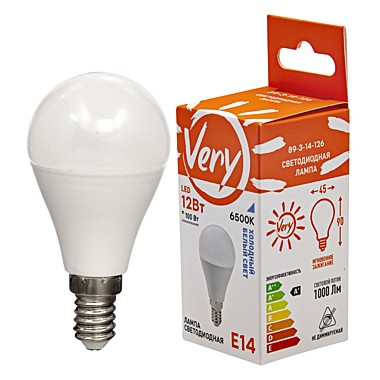 Лампа светодиодная шар GL45,12Вт, 6500К, E14