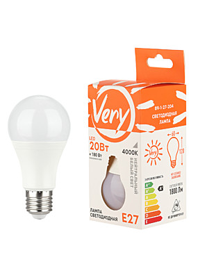 Лампа светодиодная груша A60, 20Вт, 4000К, E27