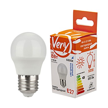 Лампа светодиодная шар GL45, 8Вт, 6500К, E27