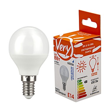 Лампа светодиодная шар GL45, 8Вт, 6500К, E14,