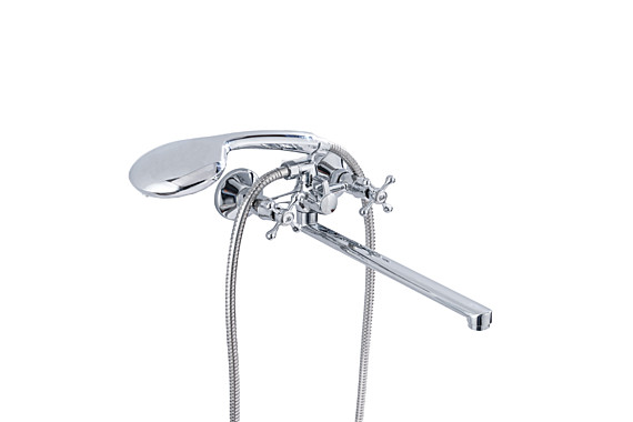 Смеситель латунь,двухвент. для ванны,лейка, шланг, латун.кран-букса, плоск.гус.35см, D230-65