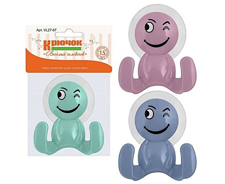 Крючок для ванной одинарн пластик, присоска, Веселый человечек