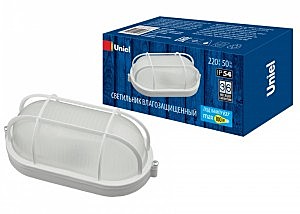 Uniel банник св-к влагозащит. IP54 100W E27 овал с решеткой белый, алюм/стекл UWL-O02 100W/E27 IP54