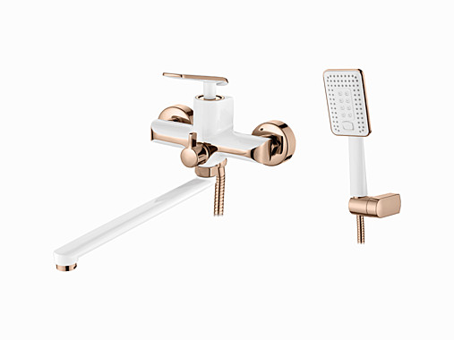 Смеситель ванна Ledeme длинный поворотный излив бело/розовый 35см L2274WR